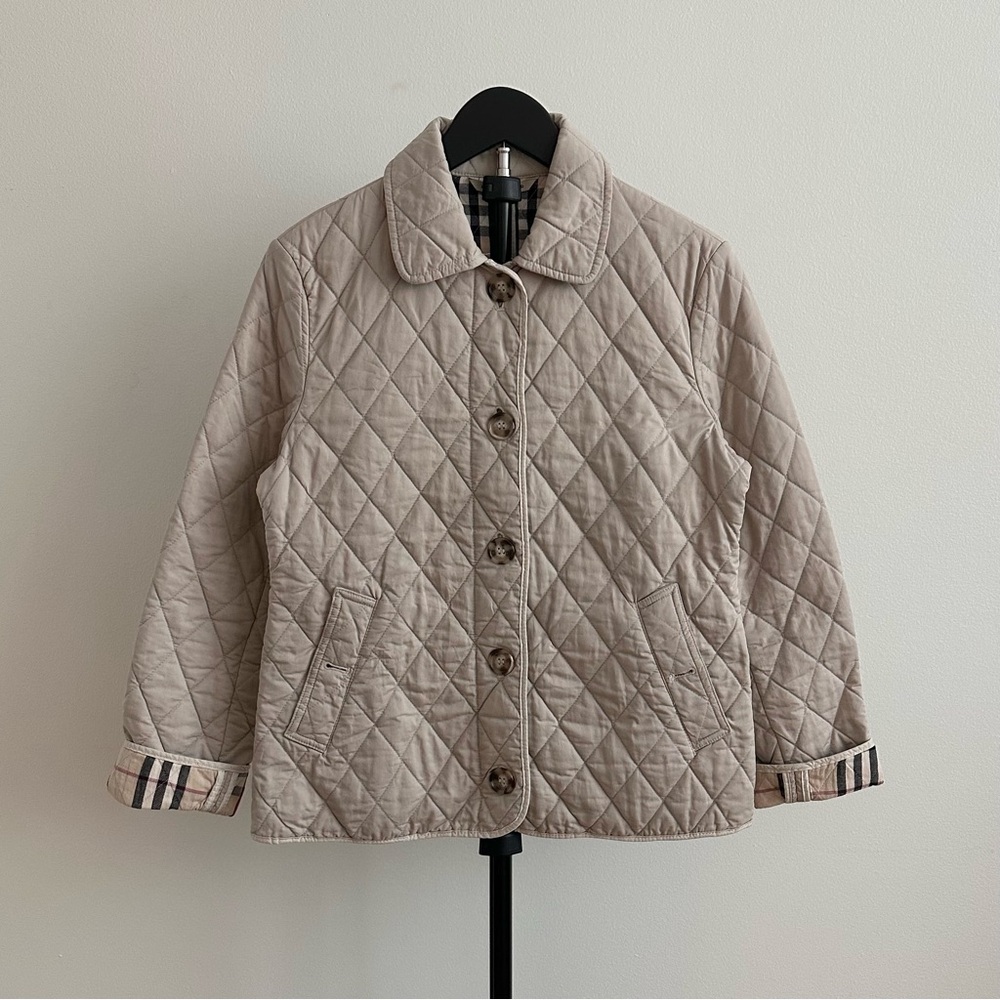 Burberry Beige Diamond Quilted Collared Jacket Signature Check Lining Size S(?)